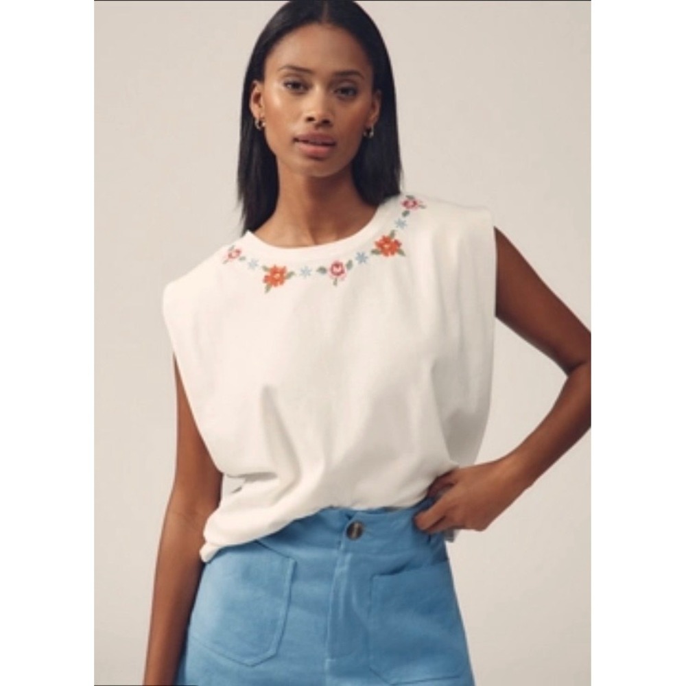 Farm Rio Cross Stitch Flowers Off-White Organic Cotton Muscle T-Shirt NWT M